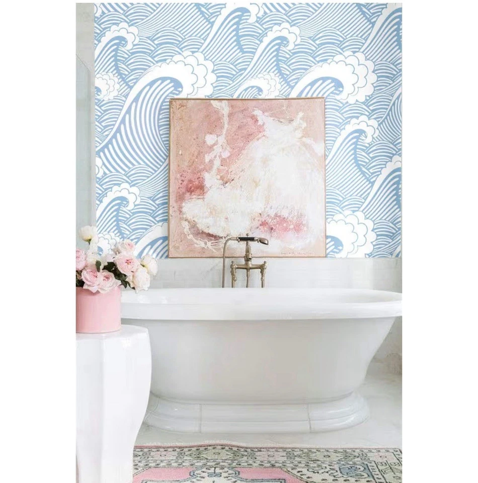 NEW Peel & Stick Blue White Waves Sea Sprays Blooming Walls Wallpaper - Image 3 of 4