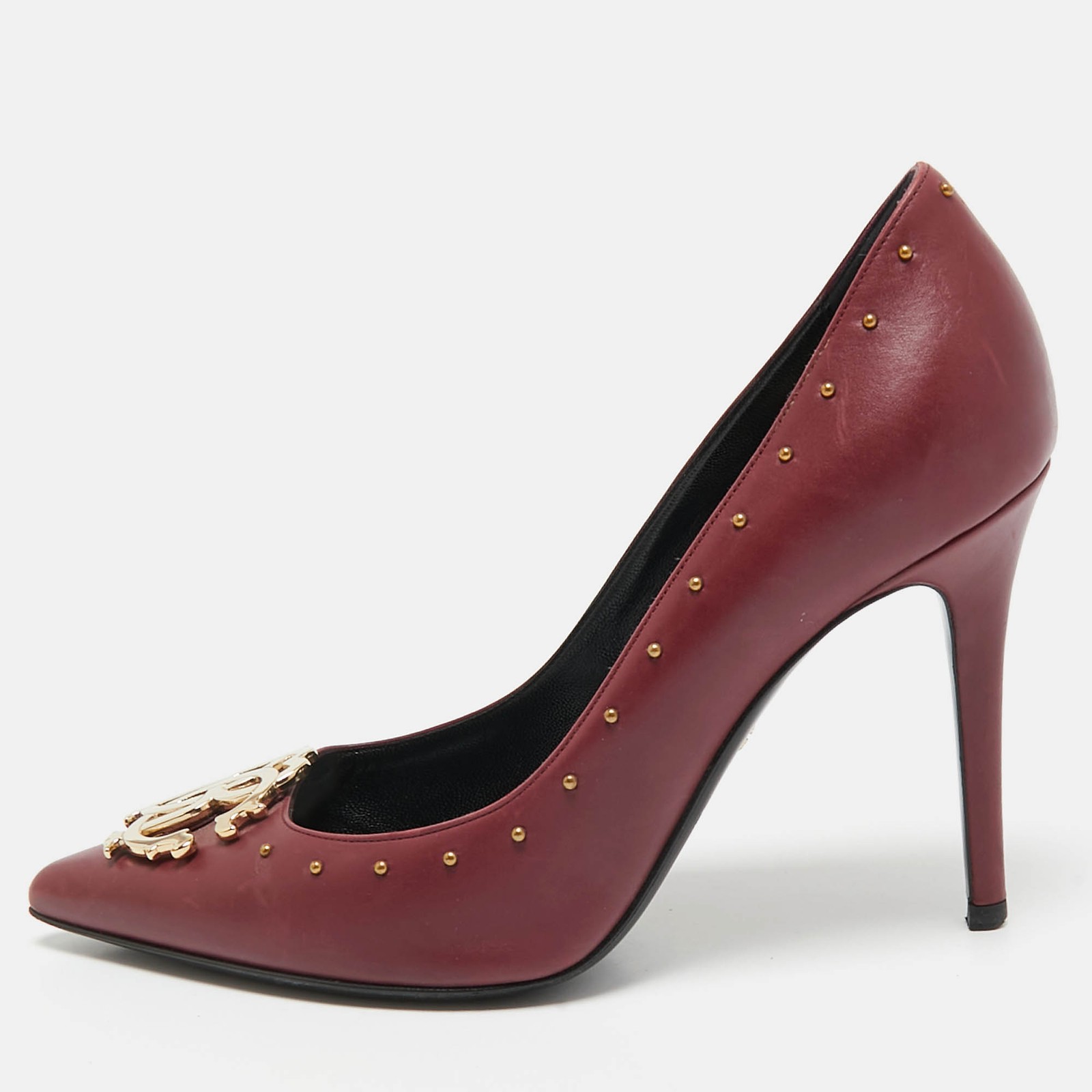 Roberto Cavalli Burgundy Leather Embellished Pointed Toe Pumps Size 38 EU