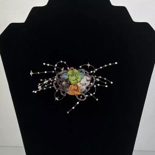 Vintage Glass Seed Lustre Beads Hand Beaded Flowers Wired Cluster Spray Pin - Foto 2 di 22