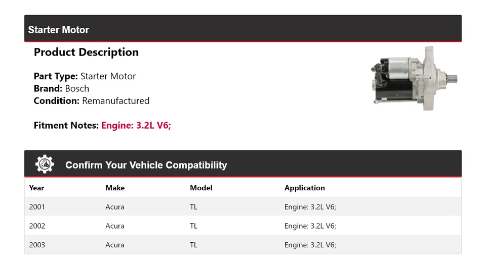 Arrancador Bosch Acura TL 2001-2003 3,2 L V6 (remanufacturado) 2002 Foto 2 de 4