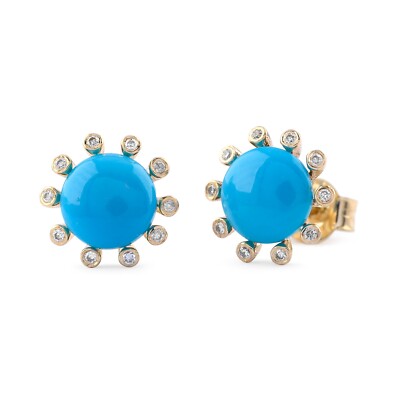 Echt Cabochon Türkis Diamant Halo Floral Ohrstecker massiv 14K Gold Ohrstecker