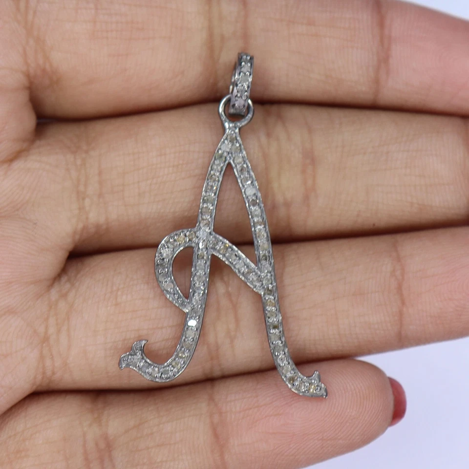 Letter A Natural Diamond pendant 925 Sterling Silver Handmade Pendant Jewelry - Image 3 of 4