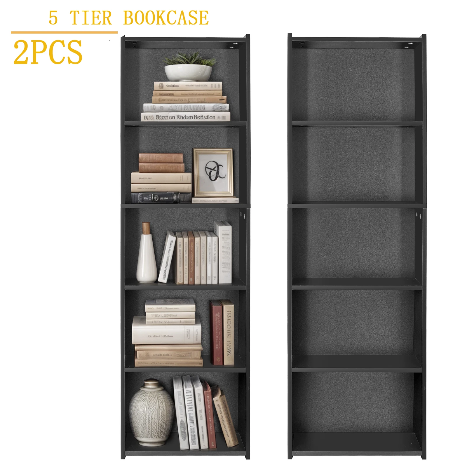 2PCS 5 Shelves Black Bookcase Storage Cabinet Bookshelf for Home and Office