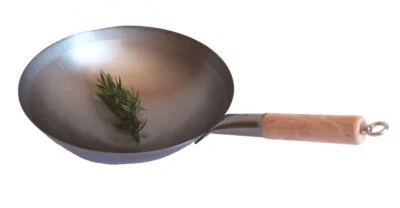 Wok Pfanne 33 cm Ø China Gastronomie rund Boden Carbon Stahl Holzgriff zum Aufhä - Bild 1 von 4