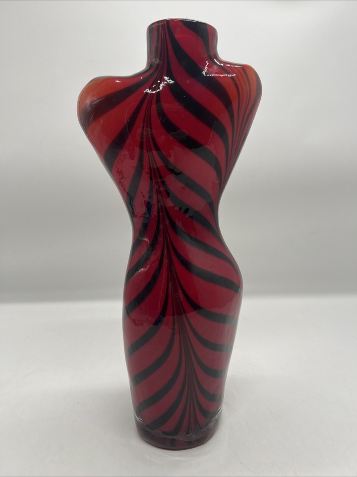 Italian Murano Art Glass Female Torso Red & Black Stripe Sculpture Vase