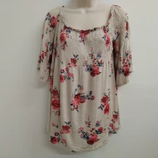 Jolt Womens Top Size XL Beige Red Blue Floral Boho Short Sleeve Summer Ladies