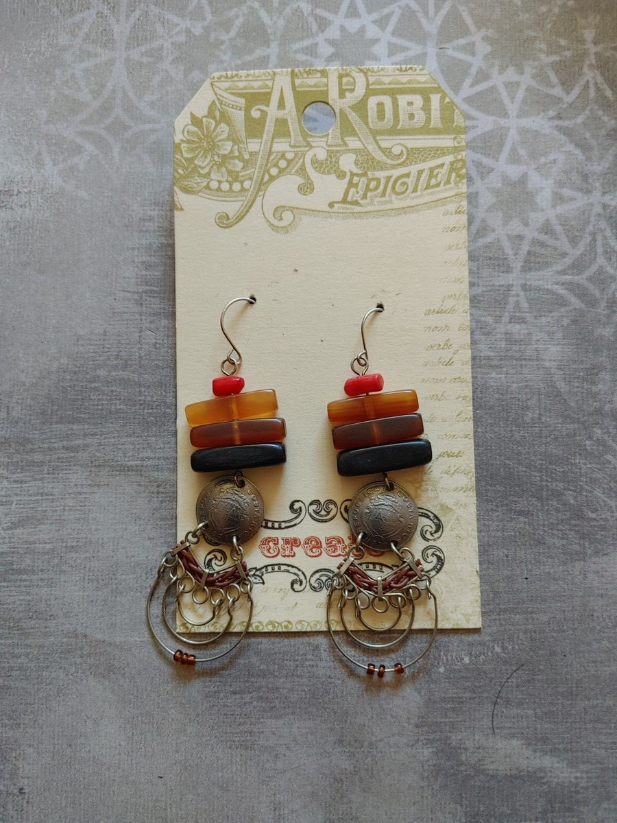 Vintage sterling silver Costa Rica coin earrings with golden buffalo horn coral View 6