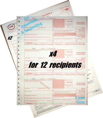 2022 IRS Tax Form 1099-NEC Carbonless for 12 recipients + (2) 1096 --- NO Env