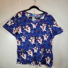 Frosty The Snowman Scrub Top Large V-neck Short Sleeve Christmas Winter