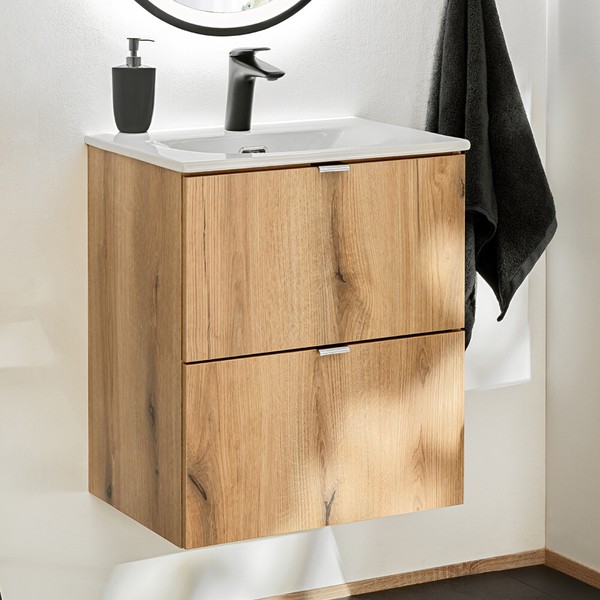 Badezimmer BadmöBel Waschtisch 50Cm Waschbecken Keramik Einbauwaschbecken Eiche-image