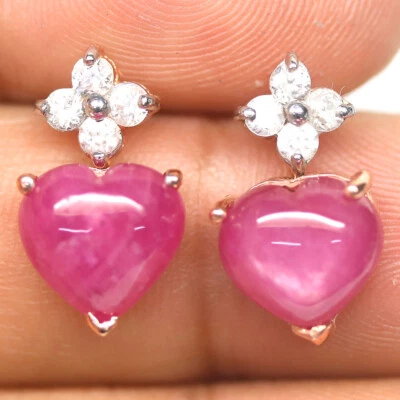 Edelstein Ohrringe 9 x 10 mm Pink Ruby & Weiß Zircon 925 Silber Roségold - Bild 1 von 4