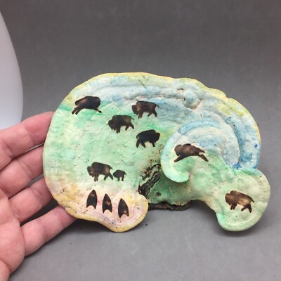 Real Dried Shelf Conk Mushroom Art Handmade Buffalo Herd Western Indian 6.5''