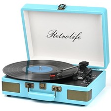 Record Player 3 Speedtooth Portable Suitcase Vinyl Player with Built-in Blue
