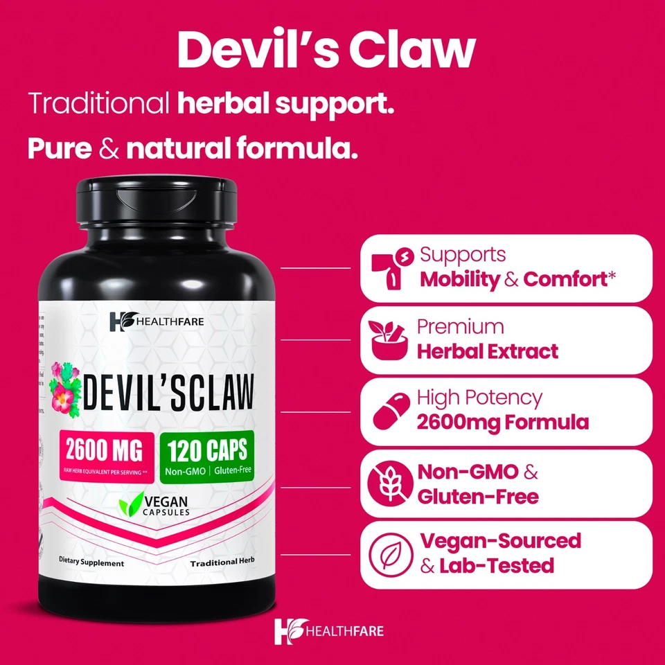 Healthfare Devils Claw 2600 mg 120 cápsulas apoya la inflamación dolor de espalda articulaciones EE. UU. Foto 2 de 4