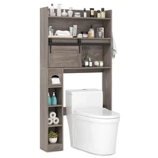 Over The Toilet Storage Cabinet w/ Sliding Barn Door Adjustable Shelves 2 Hooks