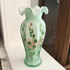 Vintage Fenton Green Cased Art Glass Vase w/ Hand Painted Roses Ruffled Rim MCM