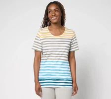 Denim & Co. Active Textured Cotton Short Sleeve Striped Top Womens A695824