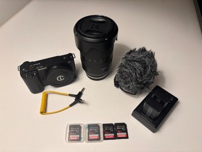 Sony Alpha ZV-E10 full kit: Tamron 17-70mm lens, Deity Mic, 4x SDs, 2x Batteries