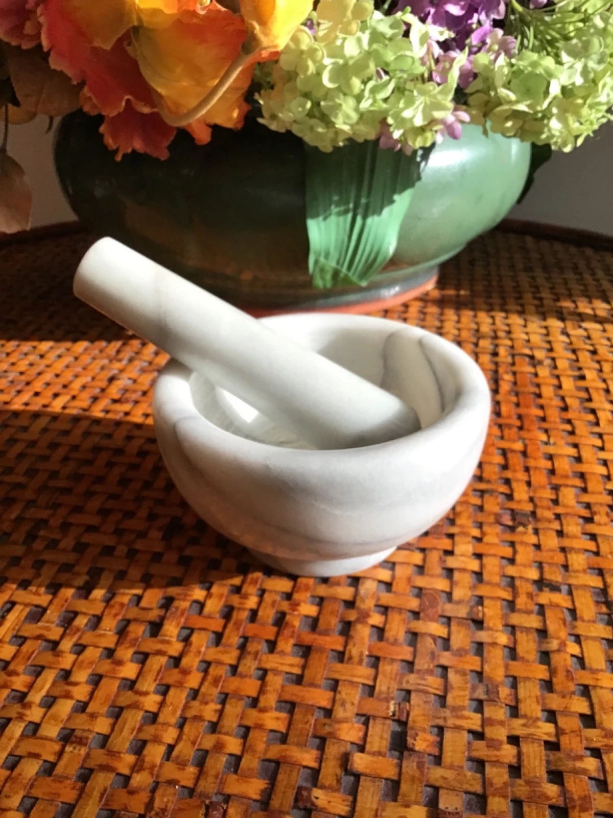 Vintage Mortar And Pestle White/Grey Marble Set Grinder Herbs, Pills
