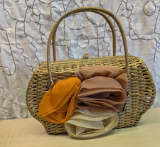 Vintage 1950/60's Gold Wicker Basket Purse Fabric Flower Decor Novelty Large