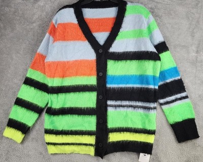 Do My Self Sweater Womens Large Multicolor Fuzzy Stripe Button V Neck Cardigan