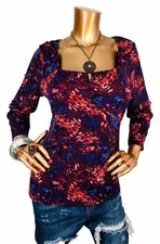 Bold Elements XL Top Stretch Abstract Floral Square Neck Blouse 3/4 Sleeves Soft