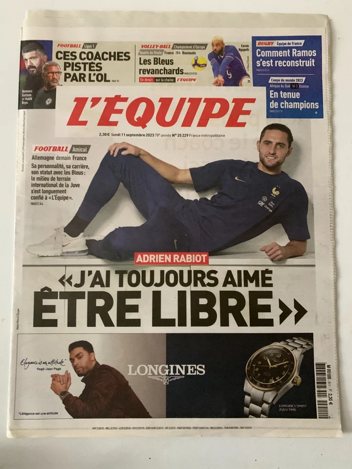 L'Equipe Journal 11/09/2023; Adrien Rabiot libre/ 1/4 de finale Volley Ball - Photo 1/1