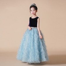 Girl Kids Show Long dress Sleeveless Tassel Ball Gown Princess Party Frock 73291