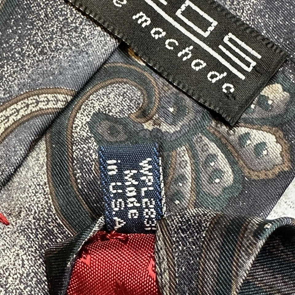 Gravata vintage Zylos por George Machado 100% seda italiana paisley/abstrata cinza EUA - Imagem 4 de 4