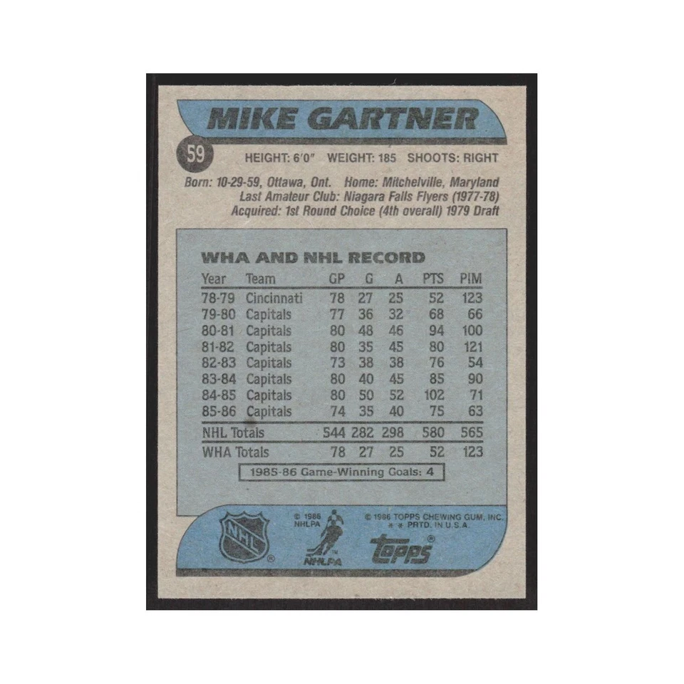 1986 Topps Mike Gartner Washington Capitals #59 - Image 2 of 3
