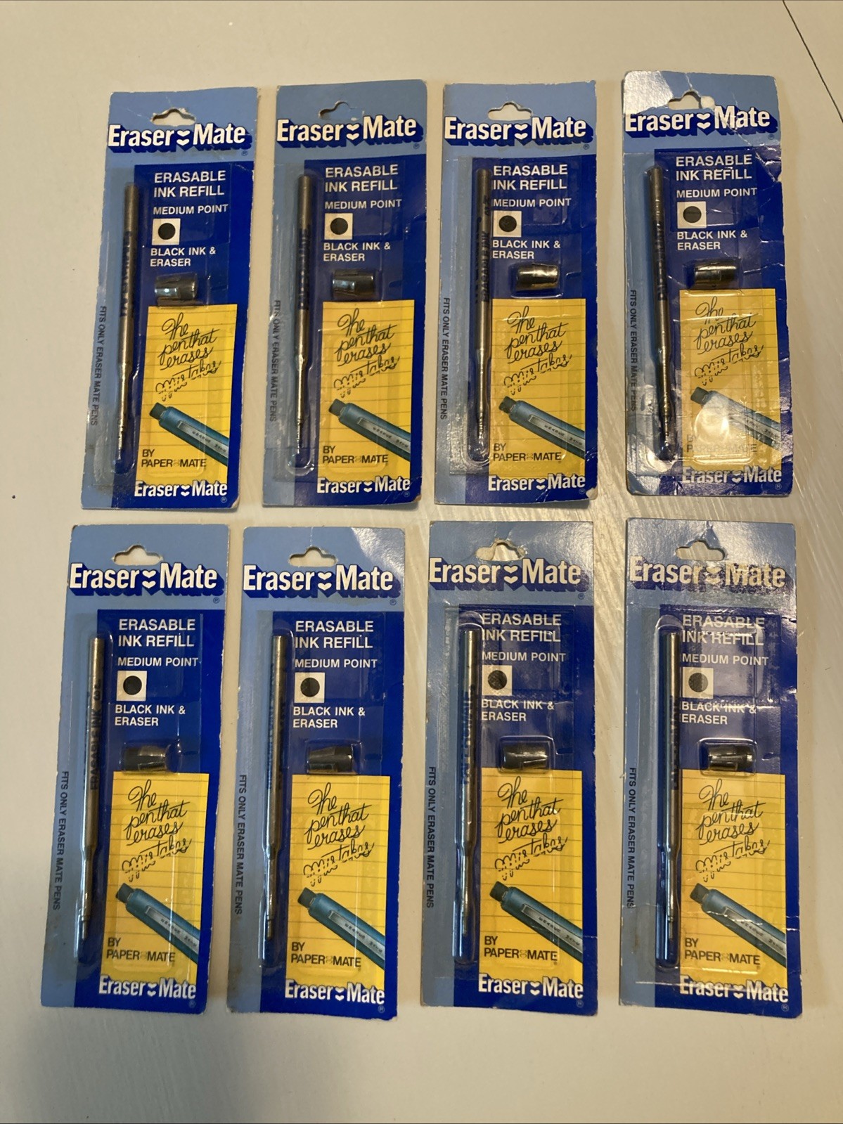 Lot of *8* 1980 Eraser Mate Erasable Ink Refills Black Medium Point w/Eraser NIP