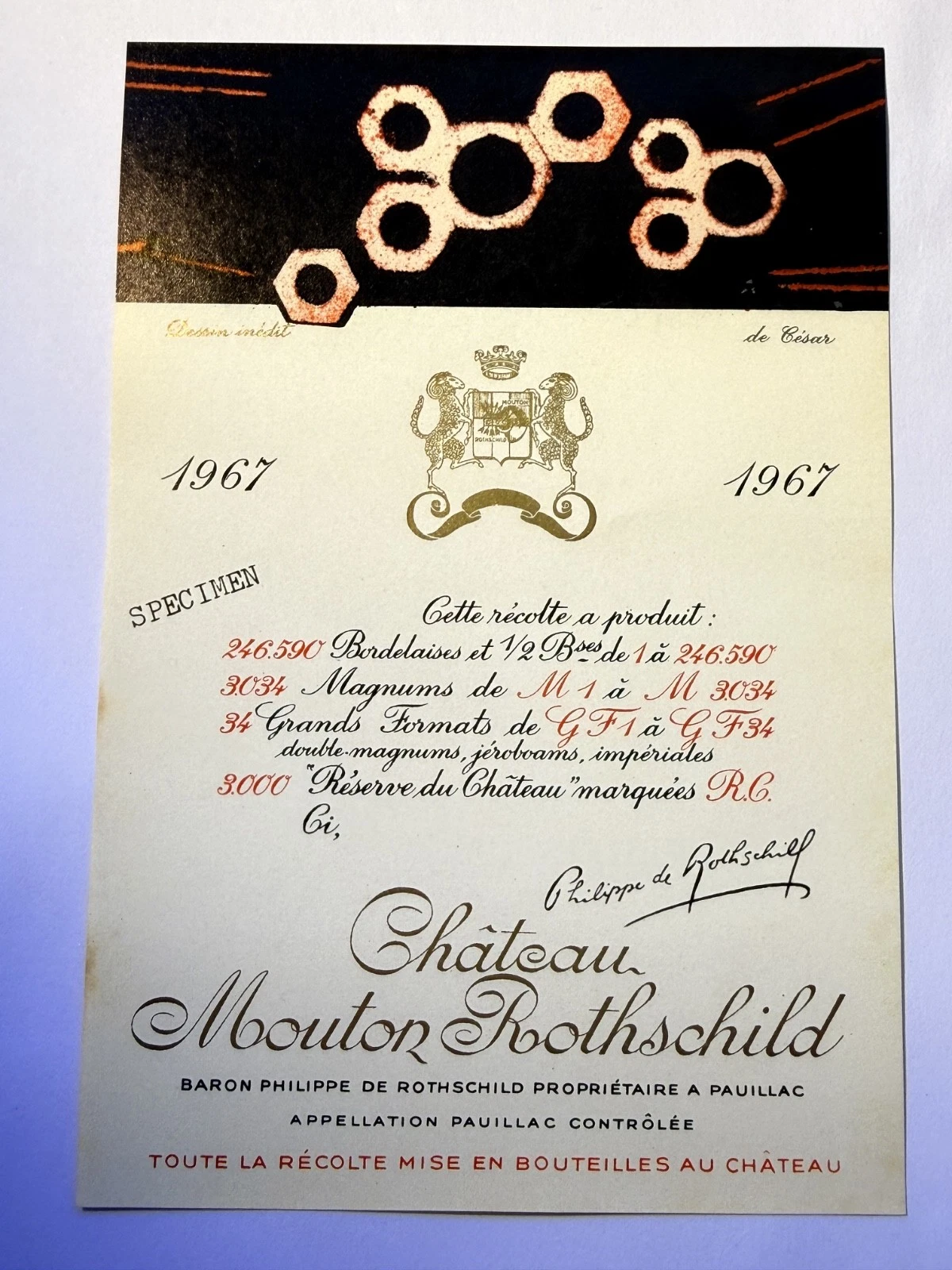 Étiquette De Vin Château Mouton Rotschild Spécimen 1967