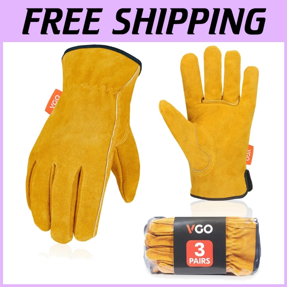 VGO atmungsaktive Leder Arbeitshandschuhe, Größe M, 3er Pack