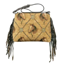 American West Womens Woven Tapestry Horses Tan Leather Handbag Bag OS