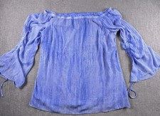 H by Halston Striped Chiffon Off-the-Shoulder Woven Blouse Top Blue Womens SZ 12