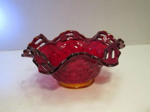 VTG Fenton Ruby Red 2 Row Open Edge Basketweave Pattern Ruffled Top Basket