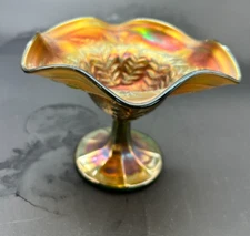 Vintage Iridescent Marigold Carnival Glass Compote Pedestal Dish Scalloped 4.5"