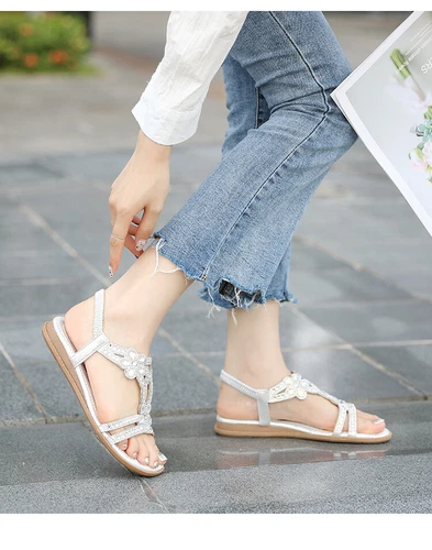 Womens Summer Rhinestone Decor Opened Toe Slip on Buckle Flat Heels Sandals - Bild 14 von 27