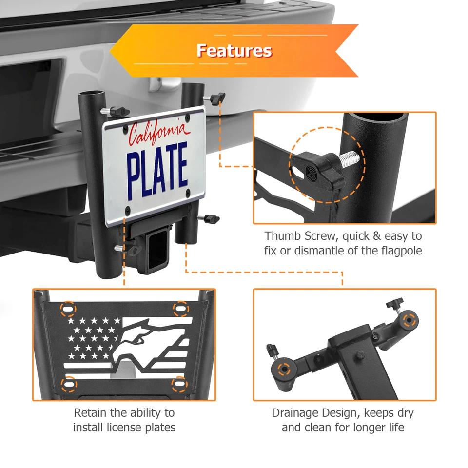 2''inch Receiver Hitch Mount Dual Flag Pole Holder for Ford Escape Explorer Edge - Image 3 of 4
