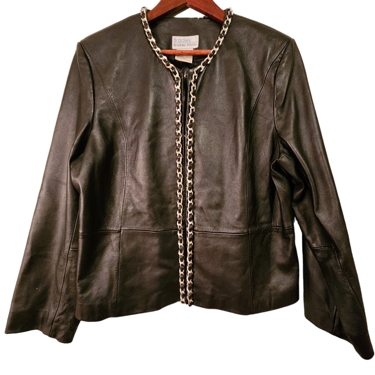 Bradley Bayou Jacket Womens Size L Black Leather Silver Chain