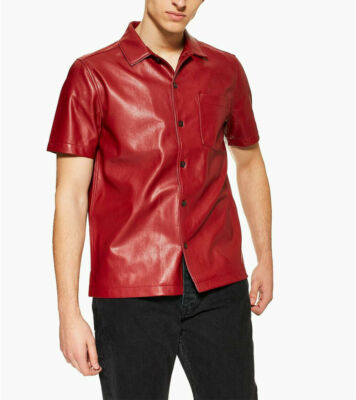 Men's Red Leather Shirt Half Sleeves Genuine Lambskin Size XS S M L XL XXL - 068