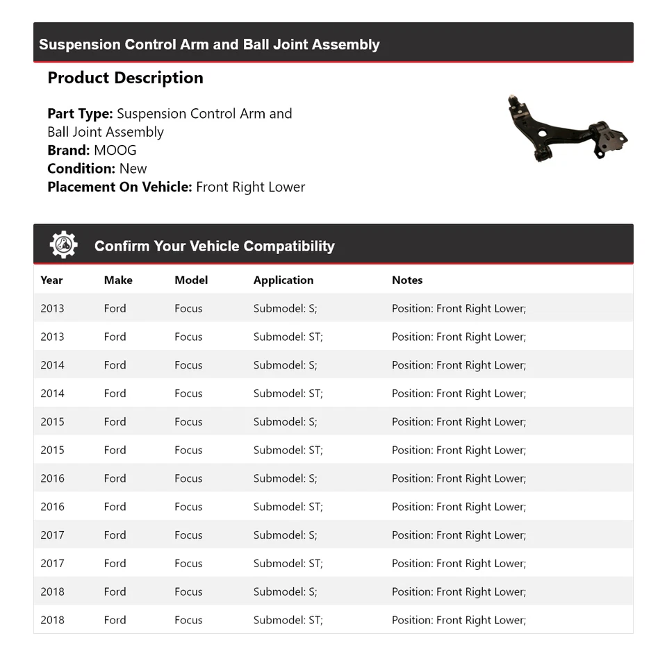 Conjunto de rótula de brazo de control delantero derecho inferior MOO para Ford Focus 2013-2018 Foto 2 de 4