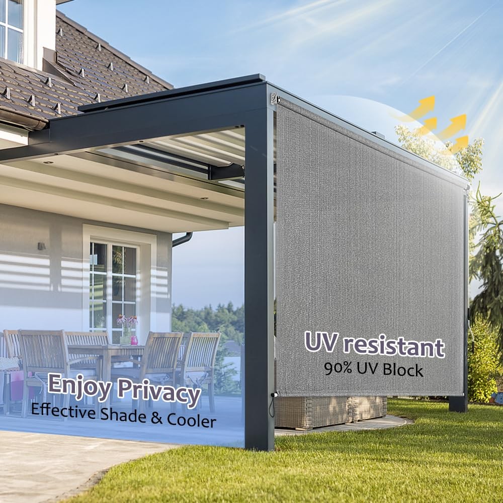 Patio Shades Roll Up Outdoor Blind, 8’ W x 8’ H Cordless Sun Shade Privacy Sc...