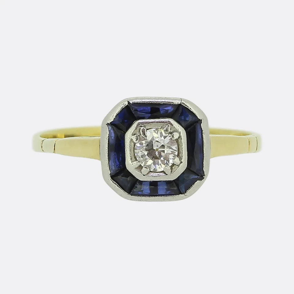 Anillo de compromiso estilo Art Deco de diamantes cultivados en laboratorio y zafiro azul en oro de 14 k Foto 4 de 4