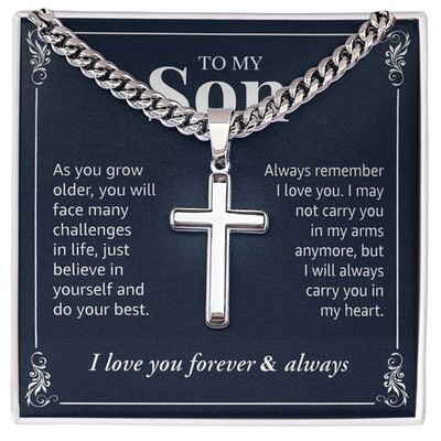 To My Son Cross Necklace Cuban Link Chain, Faith Jewelry Bday Baptism Religious