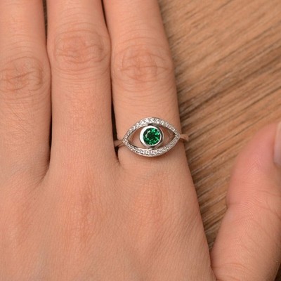 2CT Emerald Lab Created Gemstone 925 Silver Plated Evil Eye Ring Duty Free