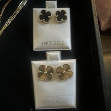 14K Yellow Gold Clover Earrings Jewelry Set, Floral Theme, No Stone
