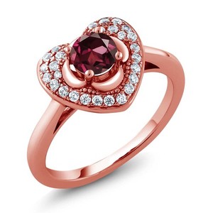 Authentic 0.87 Ct Round Red Rhodolite Garnet 18K Rose Gold Plated Silver Heart Ring