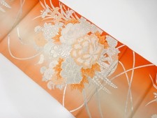 7544925: JAPANESE KIMONO / ANTIQUE FUKURO OBI / SILK / WOVEN FLORAL CART