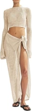 2pc Bikini Cover Up Set, Crochet, Hollow Out, Beige, Large